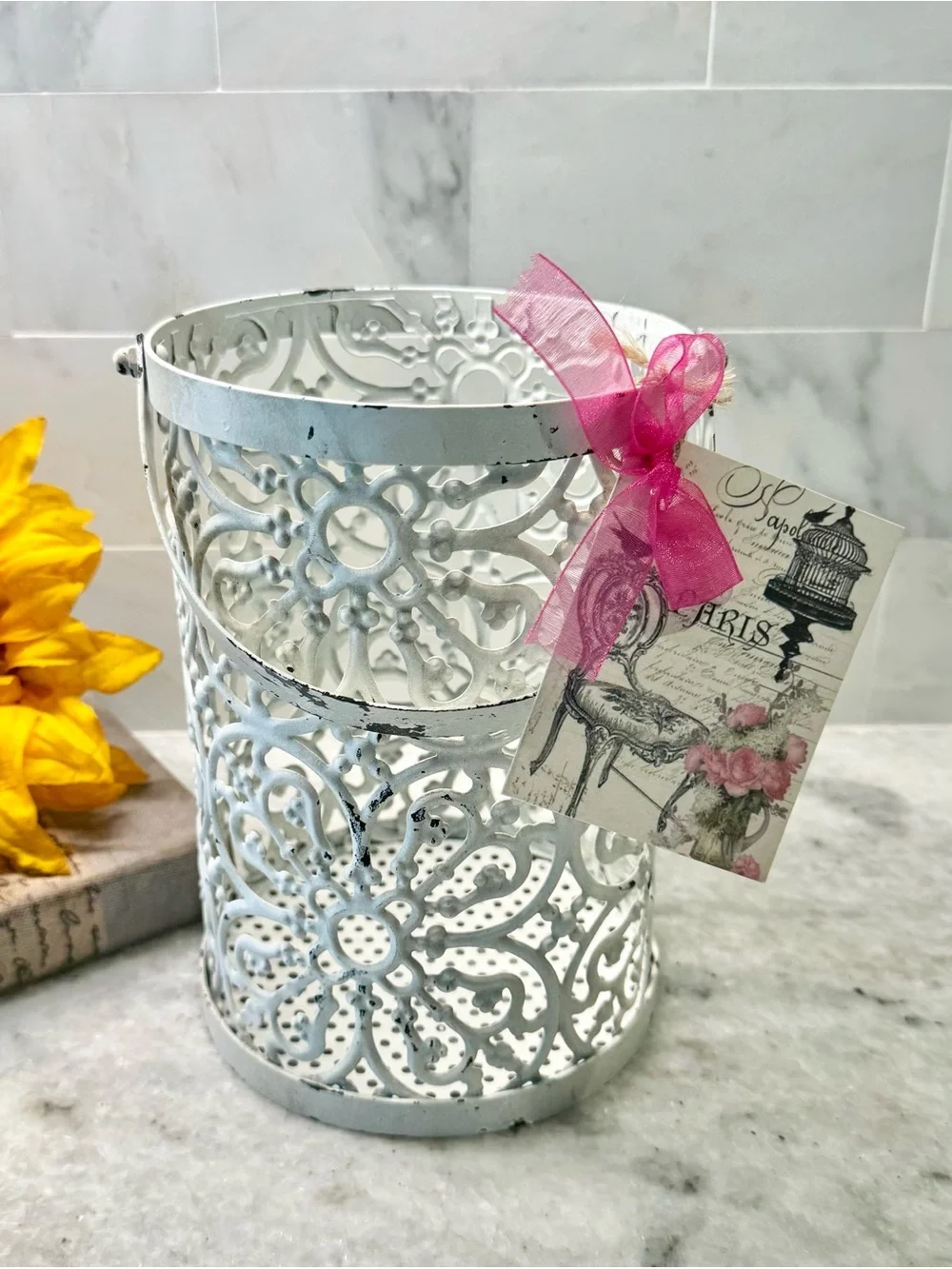 New Rustic Distressed Ornate Chippy White Metal Bucket Holder Decor - 7” x 5”